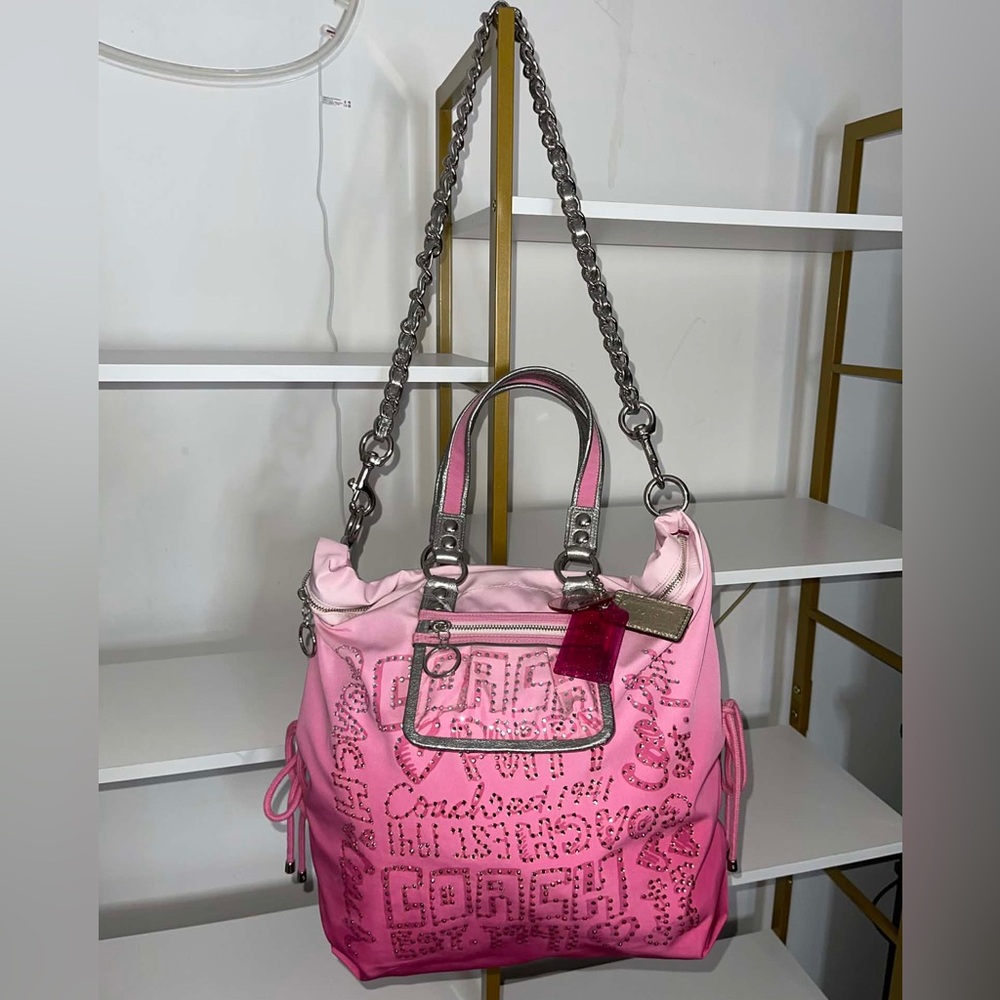 Coach Poppy PINK Ombre Storypatch Spotlight Rhinestone XL Shoulder Bag Tote